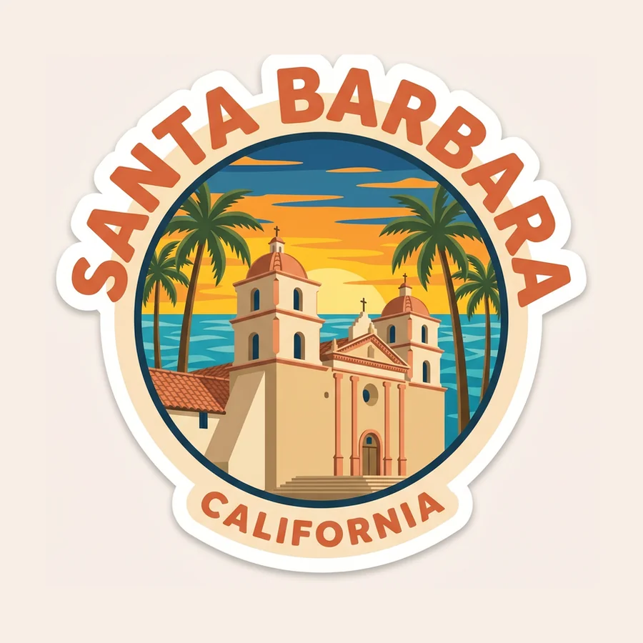Santa Barbara mission and palms die-cut sticker